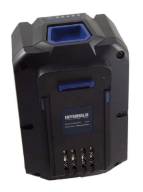 Een zwarte en blauwe Li-Ion vervangingsbatterij met INTENSILO-label, metalen connectoren en stevige behuizing, geschikt voor Lux Tools tuingereedschap 36V zoals grasmaaier, heggenschaar en bladblazer. Compatibel met 1787233.