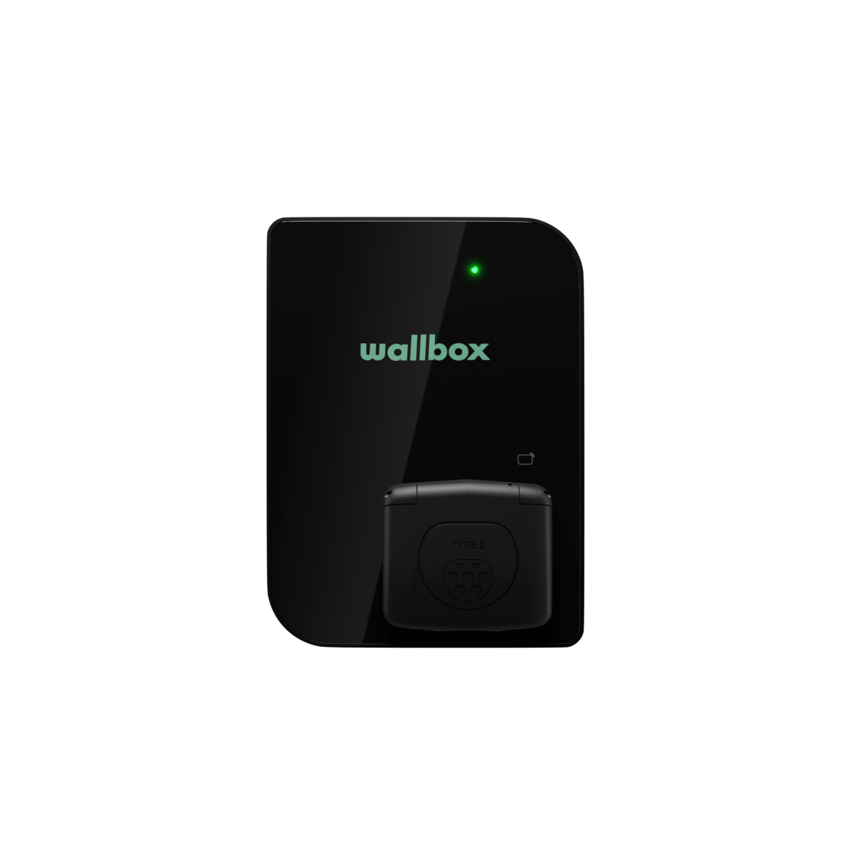 Een Laadstation Wallbox Copper SB 22kW type 2 aansluiting in zwart, met een oplichtende groene indicator en stopcontactdeksel, tegen een effen zwarte achtergrond.