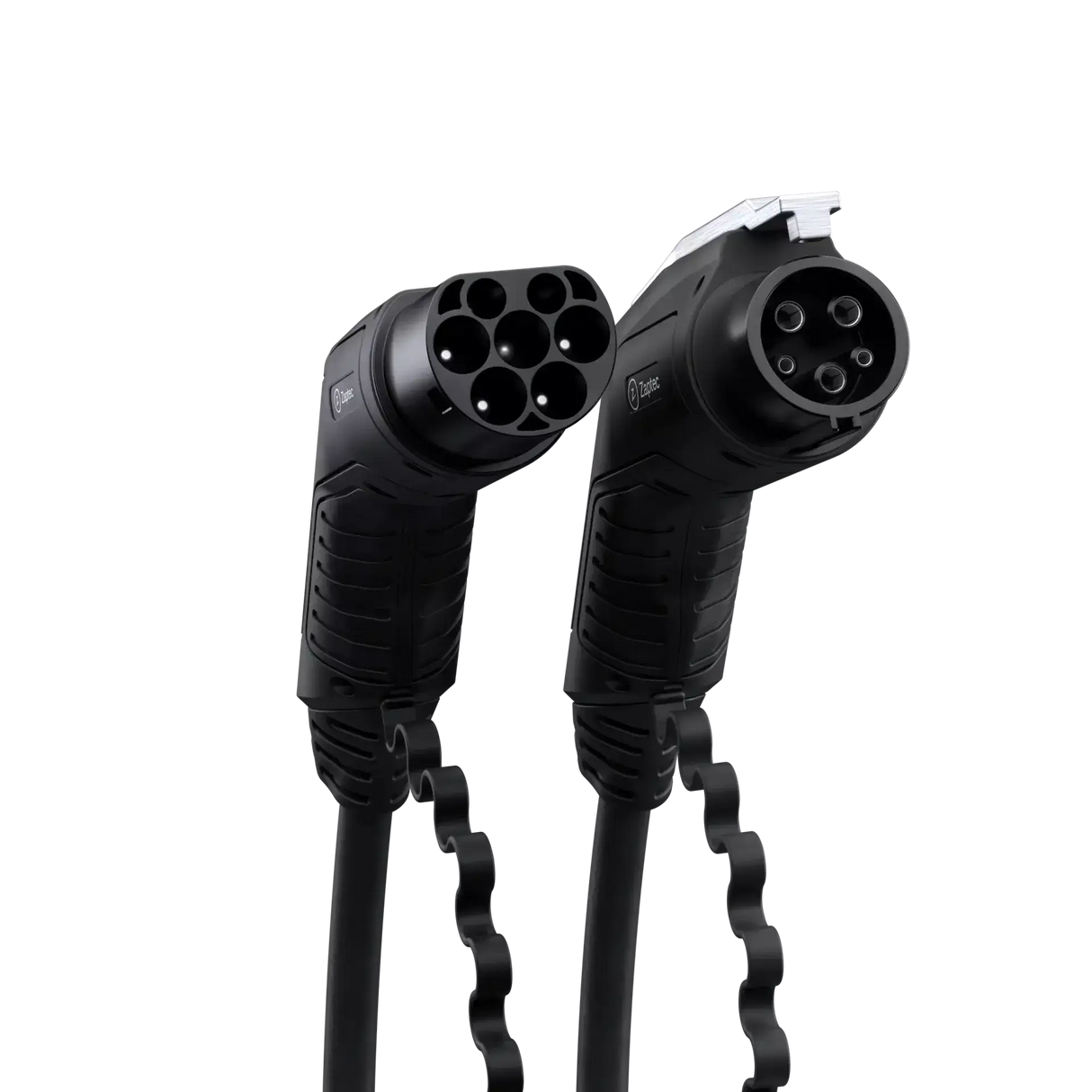 Twee Laadkabel voor laadpaal type 1 7,2kW 32A connectoren voor elektrische auto, elk met meerdere ronde pinnen en bevestigd aan dikke zwarte kabels, worden naast elkaar getoond tegen een witte achtergrond.