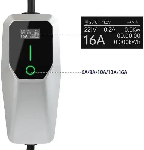 De Thuislader Type 1 mobiele oplader (1-fase, 16A, 3.7kW) voor elektrische auto's zoals Nissan Leaf en Outlander PHEV heeft een robuuste metalen behuizing, digitaal display en groene indicator voor eenvoudig thuis opladen via schuko stopcontact.