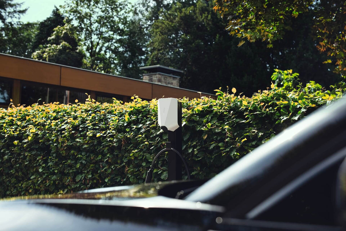 Een zwarte elektrische auto staat geparkeerd bij een heg met een Easee UP 22kW oplaadpunt elektrisch voertuig erop gemonteerd. Bomen en een deel van een gebouw zijn zichtbaar op de achtergrond.