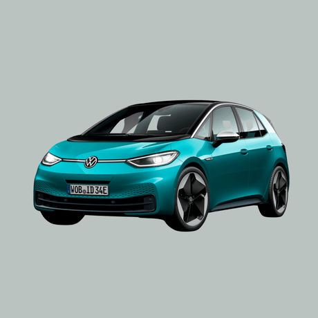 Een turkooizen Volkswagen ID.3 elektrische auto is schuin naar links afgebeeld op een effen lichtgrijze achtergrond.