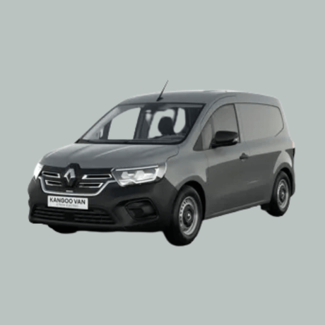 Een grijze Renault Kangoo bestelwagen is afgebeeld op een effen lichtgrijze achtergrond, gezien vanaf de linker voorkant. Op de nummerplaat staat KANGOO VAN.