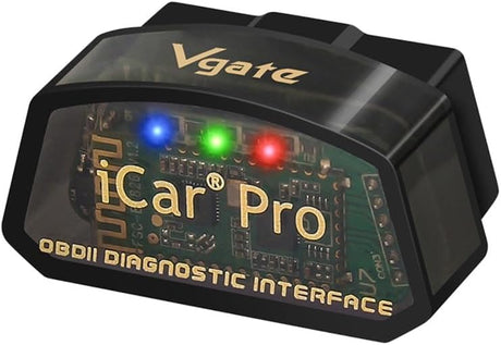 Een zwarte Vgate iCar Pro OBDII diagnostische interface met zichtbare printplaat en drie kleine indicatielampjes - rood, groen en blauw - aan de voorkant.