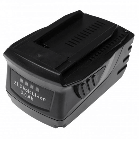 Een zwarte, oplaadbare lithium-ionbatterij van 21,6 volt, 3,0 Ah met een zichtbare connectorsleuf en label aan de zijkant, ontworpen voor elektrisch gereedschap of elektronische apparaten.