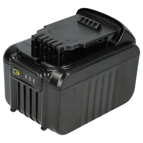 Een zwarte oplaadbare batterij voor elektrisch gereedschap met een indicatielampje en connectorsleuven, gefotografeerd op een witte achtergrond.