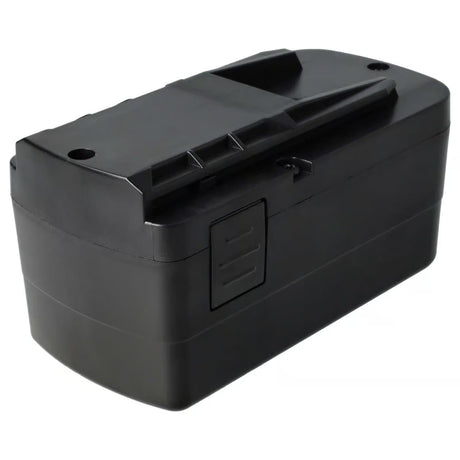 Rechthoekige zwarte oplaadbare batterij met gegroefde details en een vergrendeling aan de zijkant, afgebeeld op een witte achtergrond.