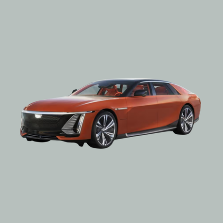 Een strakke, moderne oranje luxe sedan met een zwart panoramadak en opvallende led-koplampen, afgebeeld tegen een effen lichtgrijze achtergrond.