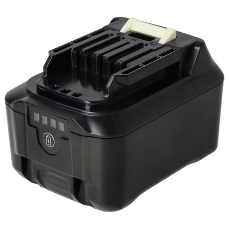 Een oplaadbare zwarte batterij voor elektrisch gereedschap met een witte ontgrendeling, indicatielampjes en contactopeningen aan de bovenkant.