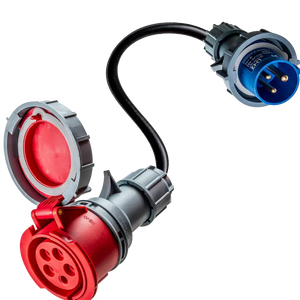🇳🇱 32A 5-polige CEE naar 16A 3-polige CEE adapter verloopkabel met blauwe driepolige stekker en grote rode industriële 32A naar 16A contrastekker met beschermkap.