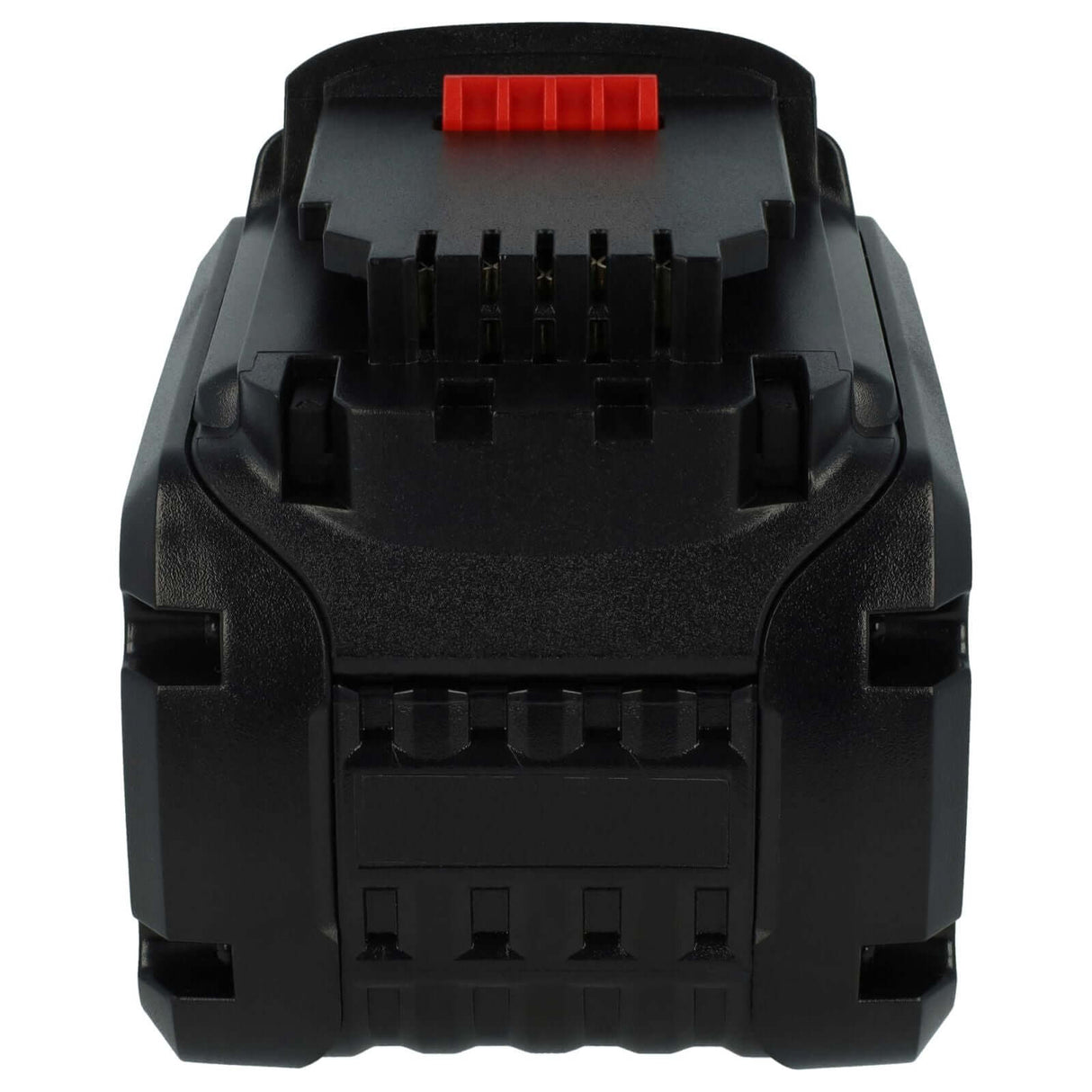 Close-up van een zwarte rechthoekige DCB606 accu voor Dewalt 20V Max met een rode ontgrendelknop bovenop en zichtbare aansluitingen aan de voorkant.