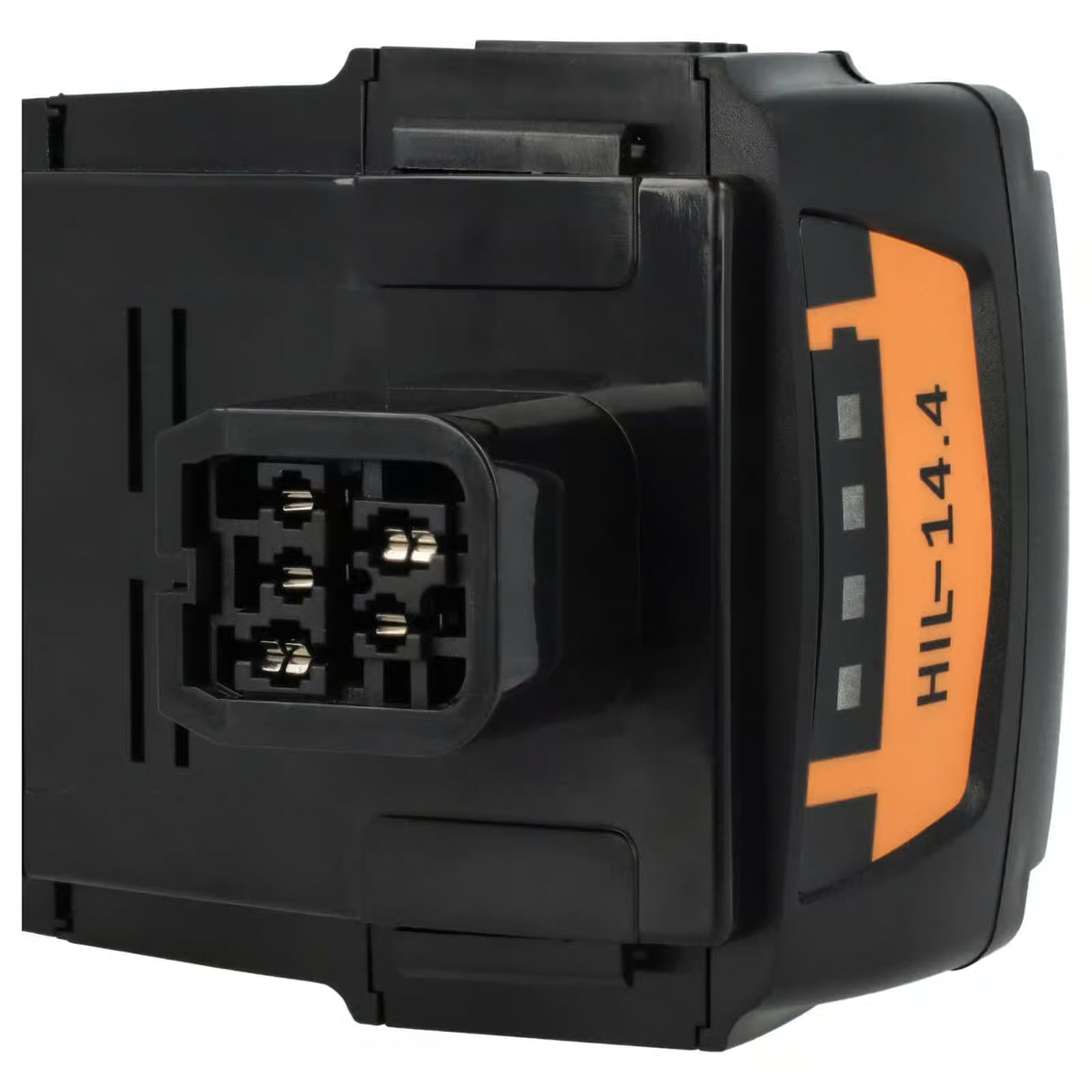 Een close-up van een zwarte Hilti 14,4V Li-Ion accu-vervangt B144/4.0, B144/3.3, B144/2.6, 2058264, 2058263 toont het oranje HIL-14.4 label en de aansluitpoort met metalen contacten, ideaal voor het upgraden van uw elektrisch gereedschap.