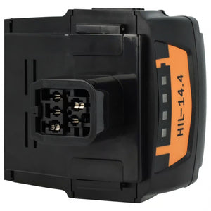 Een close-up van een zwarte Hilti 14,4V Li-Ion accu-vervangt B144/4.0, B144/3.3, B144/2.6, 2058264, 2058263 toont het oranje HIL-14.4 label en de aansluitpoort met metalen contacten, ideaal voor het upgraden van uw elektrisch gereedschap.