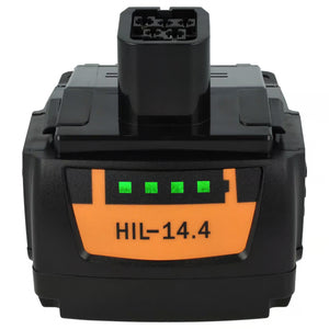 De Hilti 14,4 V Li-Ion accu, die de modellen B144/4.0, B144/3.3, B144/2.6, 2058264 en 2058263 vervangt, heeft een zwart en oranje ontwerp met vier groene indicatielampjes voor superieure prestaties van de oplaadbare accu.