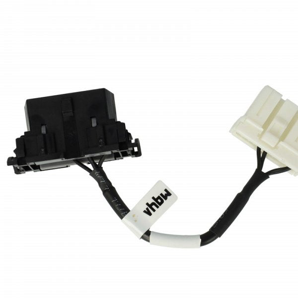 Close-up van een zwart-witte elektrische connectorkabel met het label vhbw op een witte achtergrond. Perfect als adapter OBD2 op 12Pin voor Tesla Model S (2012-09/2015) - Oudere Modellen Diagnose.