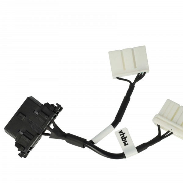Een zwarte kabel splitst zich in tweeën, elk met een witte connector. Deze Adapter Set OBD2 Tesla Model S/X (12Pin & 20Pin) - Alle Bouwjaren Diagnose is gelabeld voor duidelijkheid en ideaal voor diagnose van alle Model S of X jaren, afgebeeld op een effen witte achtergrond.