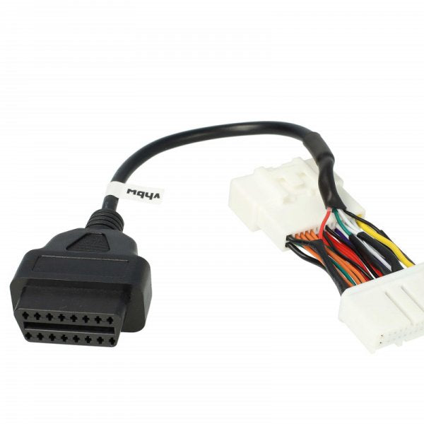 De Adapterkabel Tesla Model 3/Y (26Pin op OBD2) - Toegang tot CAN-bus Data is een zwarte diagnostische connector met meerkleurige draden en een witte stekker, ontworpen voor toegang tot CAN-bus data in Tesla Model 3 en Model Y systemen.