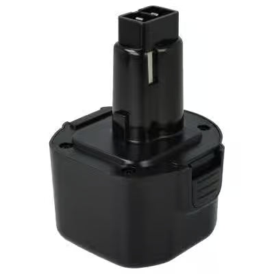 Een zwarte, rechthoekige DeWalt 9,6V Ni-MH accu (vervangt DC9061, DE9061, A9275, HPB96), 3,3Ah met een topconnector, compatibel met DeWalt, Black & Decker en ELU elektrisch gereedschap; afgebeeld op een witte achtergrond.