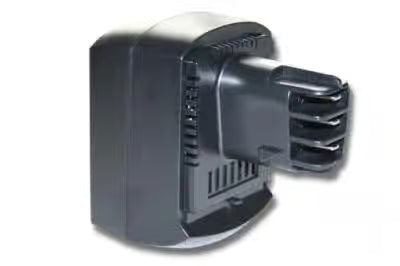 Een zwarte lader voor het Accu voor Metabo 12V gereedschap (vervangt 6.25479, 6.25480, 6.25443; past bijv. op 6.02150, 6.02151), van opzij gezien met een laadsleuf zichtbaar tegen een witte achtergrond.