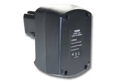 Zwart rechthoekig elektronisch apparaat met een label en vier schroeven, voorzien van een connector; lijkt een accu te zijn voor Metabo 12V gereedschap - vervangt 6.25479, 6.25480, 6.25443, geschikt voor o.a. 6.02150, 6.02151.