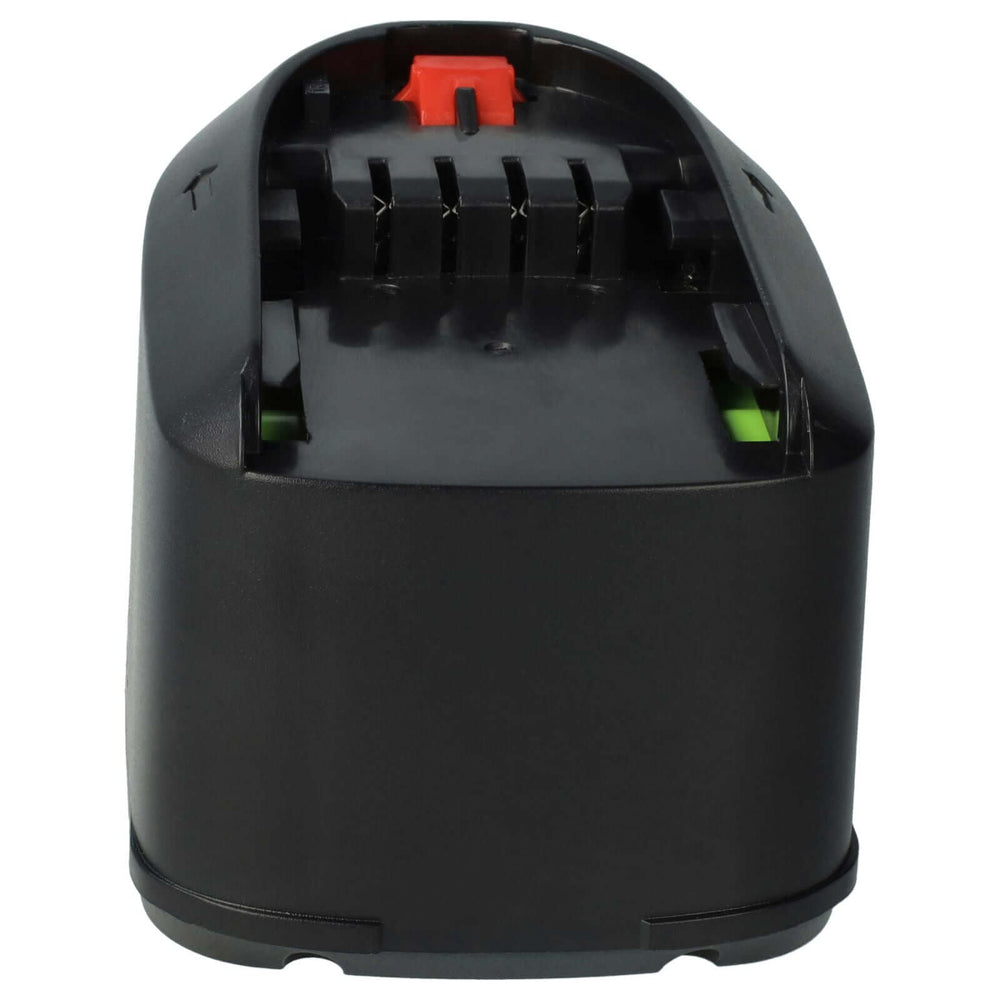 Zwarte oplaadbare Bosch 18V accu vervanger (vervangt 1 600 Z00 000, 1 600 A00 DD7, 2 607 335 040) getoond vanaf de aansluitzijde met zichtbare metalen contacten, rode vergrendeling en groene accenten; perfect voor je Bosch gereedschap.