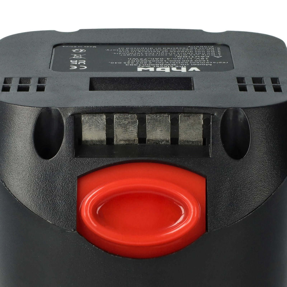 Close-up van een Bosch 18V accu vervanger - Li-Ion vervanger voor 1 600 Z00 000, 1 600 A00 DD7, 2 607 335 040. De zwarte accu heeft een rode ontgrendelknop en metalen contacten, geschikt voor Bosch gereedschap.