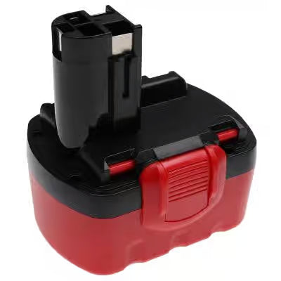 Een zwart-rode Bosch 14,4V Ni-MH accu, compatibel met accuboormachines, vervangt BAT038, BAT041, BAT140, 2 607 335 264 en 2607335263; ideaal voor gebruik als vervangende O-Pack accu.