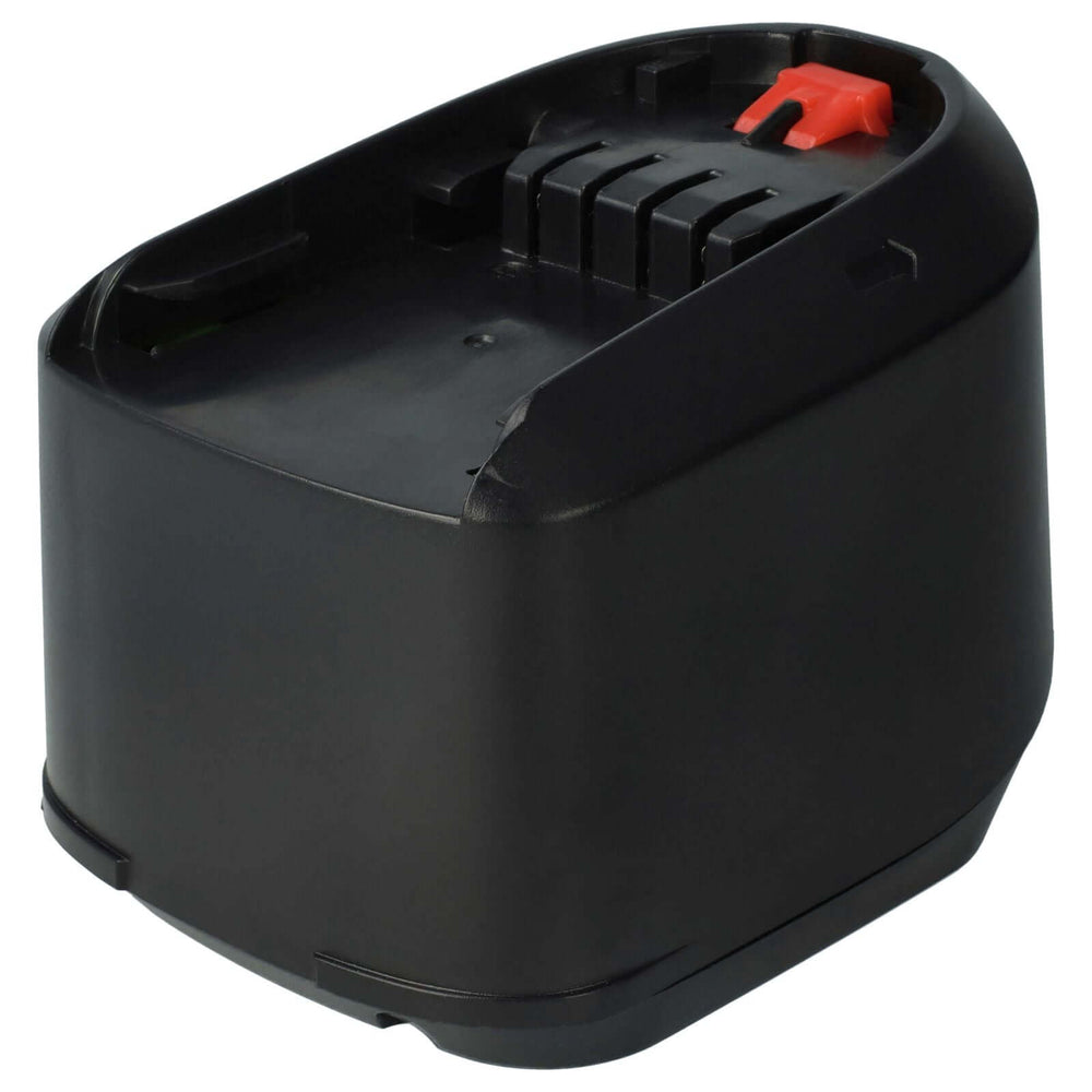 Een zwarte Bosch 18V accu vervanger - Li-Ion, compatibel met 1 600 Z00 000, 1 600 A00 DD7 en 2 607 335 040. Het heeft een rechthoekige behuizing, afgeronde hoeken, rode vergrendelingslip aan de bovenkant en aansluitingssleuven voor gereedschap of opladers.