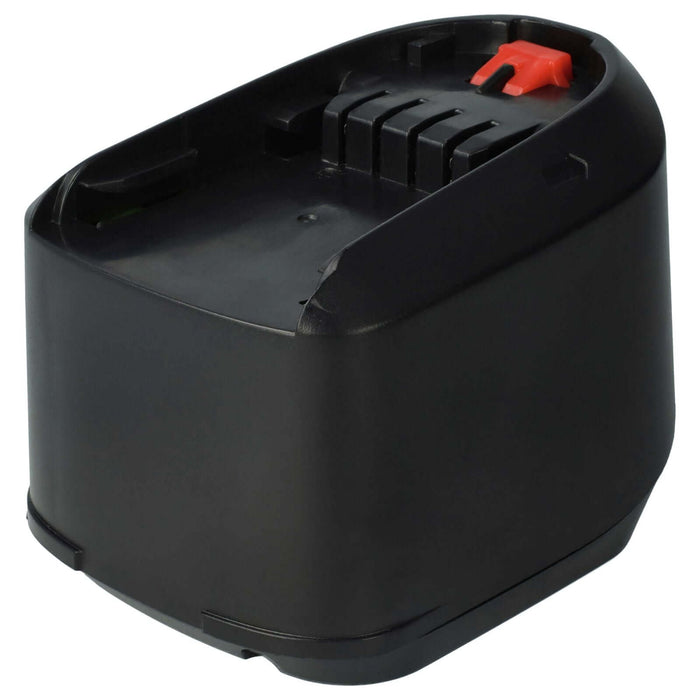 Een zwarte Bosch 18V accu vervanger - Li-Ion, compatibel met 1 600 Z00 000, 1 600 A00 DD7 en 2 607 335 040. Het heeft een rechthoekige behuizing, afgeronde hoeken, rode vergrendelingslip aan de bovenkant en aansluitingssleuven voor gereedschap of opladers.