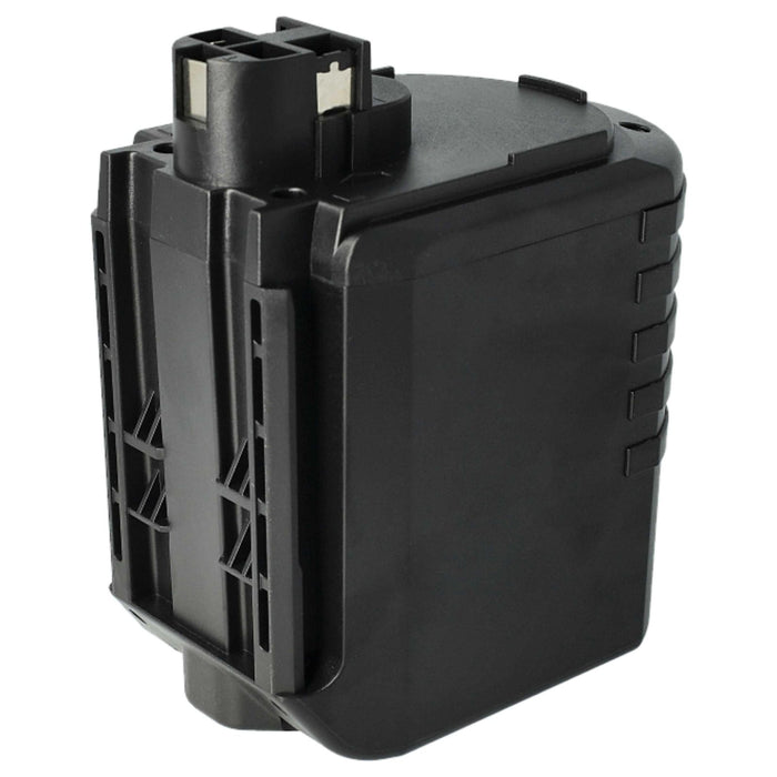 Zwarte oplaadbare Bosch 24V Ni-MH accu-pack (vervangt BAT240, BAT299, 2 607 335 082, 2607335097), voor GBH 24V en BTI/Ramset 24V systemen; rechthoekig met geribbelde zijkanten en bovenste aansluitingen, rechtop afgebeeld op witte achtergrond.