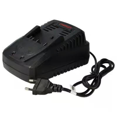 Een zwarte Li-Ion Bosch lader voor 14,4V & 18V accu's met snoer en stekker, geschikt voor BAT607, BAT614, BAT618 (vervangt 2 607 336 078, DDS180-serie), afgebeeld op witte achtergrond.