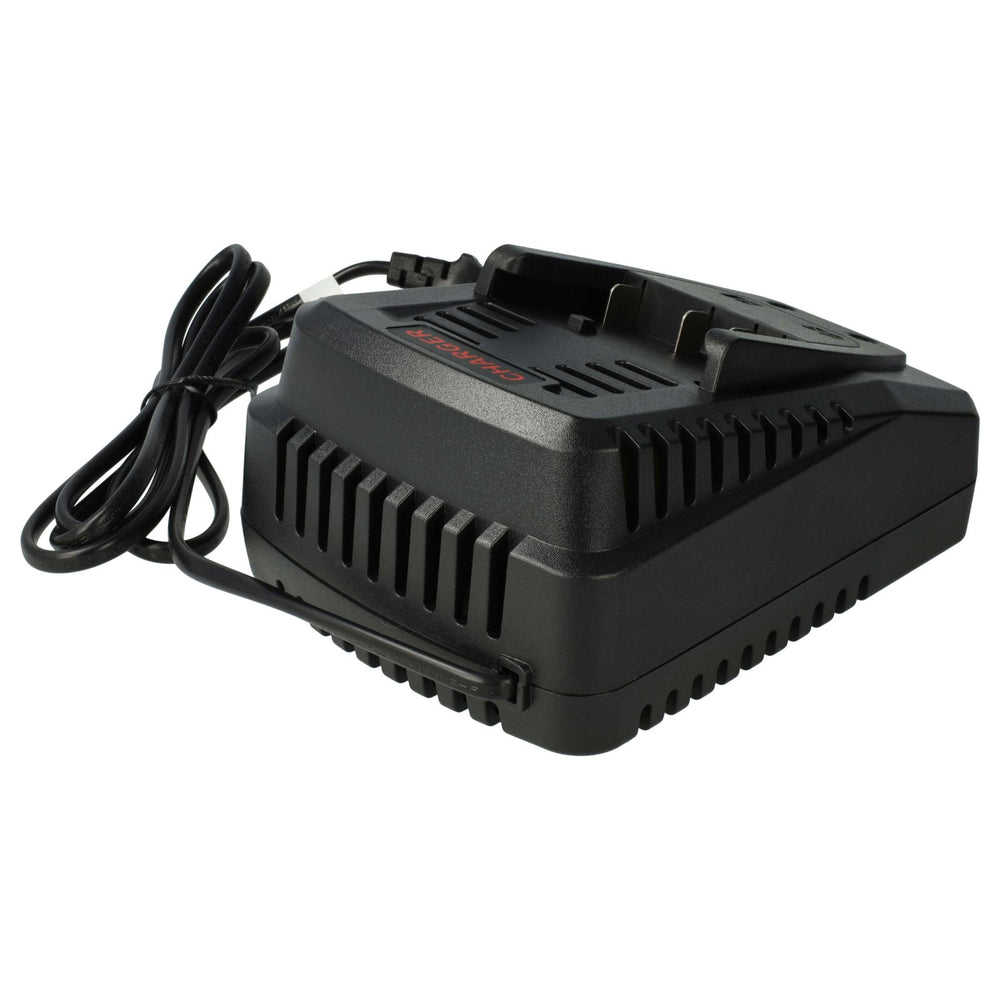 Een zwarte Bosch lader voor 14,4V & 18V Li-Ion accu's, compatibel met BAT607, BAT614, BAT618 en vervangt 2 607 336 078, 2607336078 (DDS180-serie), met koelingsventilatie en netnoer, getoond op een witte achtergrond.