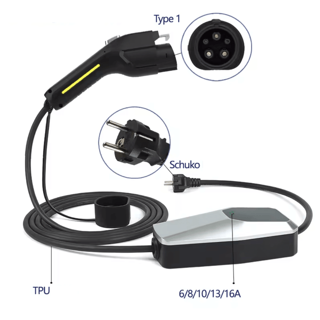 Laad je EV thuis op met de Thuislader Type 1 Mobiele Oplader 1-Fase 16A 3.7kW. Voorzien van een Schuko-plug, instelbare stroomsterkte (6/8/10/13/16A), robuuste behuizing en lange zwarte TPU-kabel - ideaal voor Nissan Leaf, Outlander PHEV en meer.