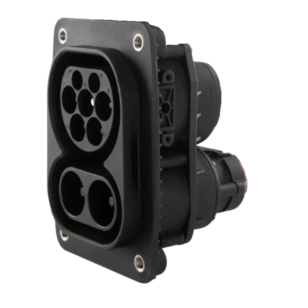Een close-up van de CCS 2 stopcontact auto-oplaadcontact, met meerdere poorten op een zwarte rechthoekige plaat met vier schroeven, ontworpen voor 200A DC ultrasnelladen en 32A AC opladen.