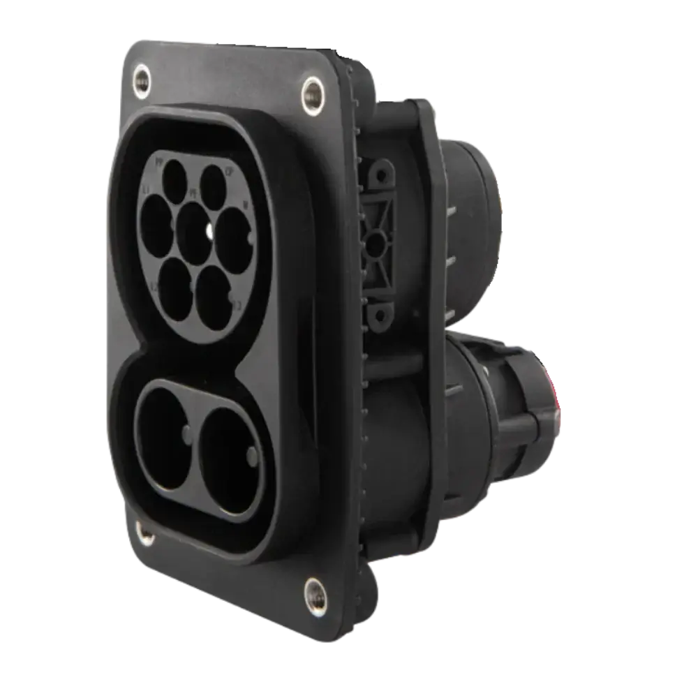 De 🇳🇱 CCS2 stopcontact voor auto | 150A DC | 32A AC is een zwarte EV-laadaansluiting met meerdere ronde en langwerpige poorten, gemonteerd op een rechthoekige basis met vier hoekschroeven.