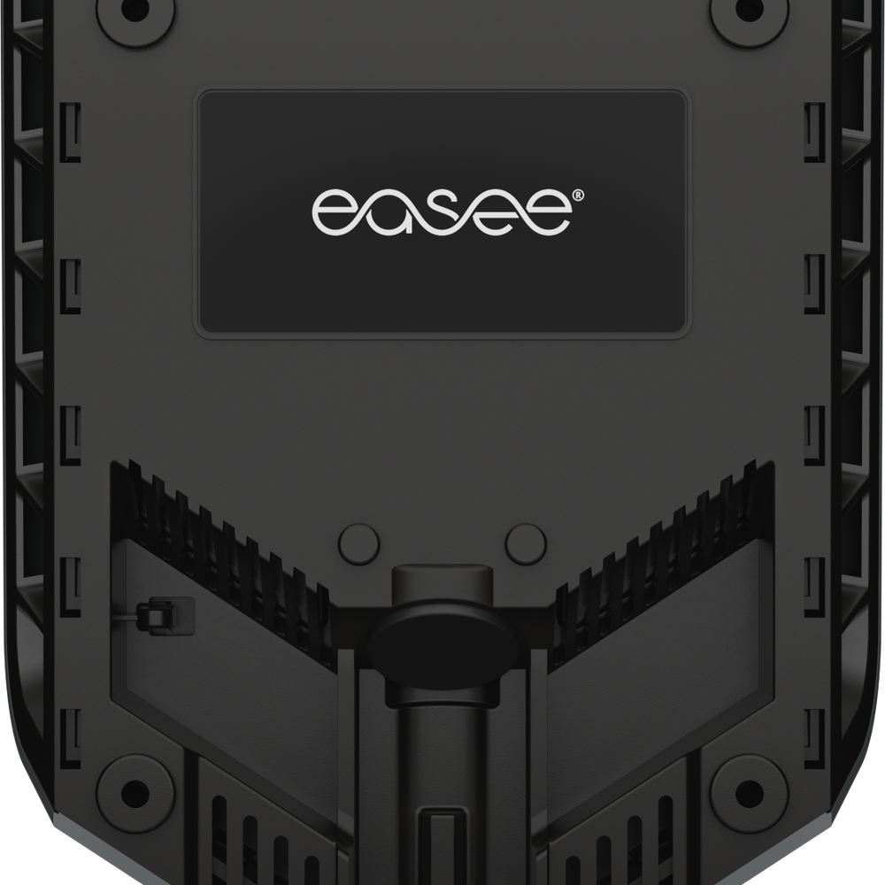 De Easee Charge Up Slimme EV Thuislader 22kW Type 2 in zwart heeft een zwart rechthoekig ontwerp met geventileerde openingen en een centraal wit Easee logo - van bovenaf gezien op een witte achtergrond, perfect voor het slim thuis opladen van EV's.