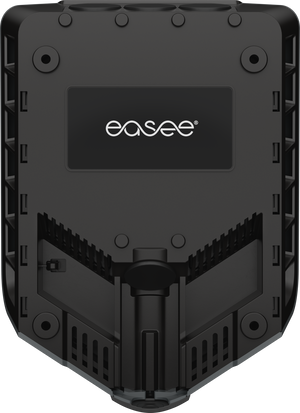 De Easee Charge Up Slimme EV Thuislader 22kW Type 2 in zwart heeft een zwart rechthoekig ontwerp met geventileerde openingen en een centraal wit Easee logo - van bovenaf gezien op een witte achtergrond, perfect voor het slim thuis opladen van EV's.