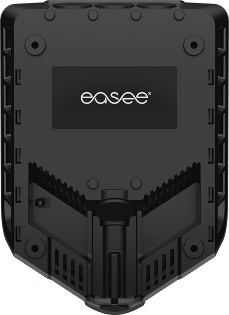 De Easee Charge Up Slimme EV Thuislader 22kW Type 2 in zwart heeft een zwart rechthoekig ontwerp met geventileerde openingen en een centraal wit Easee logo - van bovenaf gezien op een witte achtergrond, perfect voor het slim thuis opladen van EV's.