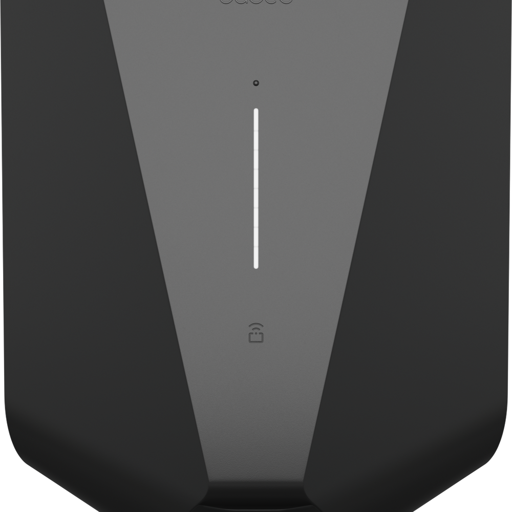 De Easee Charge Up Slimme EV Thuislader 22kW Type 2 - Zwart heeft een gestroomlijnd zwart en grijs minimalistisch ontwerp, een verticaal LED-lampje, een klein slotpictogram eronder en de easee-merknaam bovenaan.