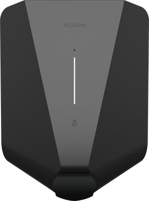 De Easee Charge Up Slimme EV Thuislader 22kW Type 2 - Zwart heeft een gestroomlijnd zwart en grijs minimalistisch ontwerp, een verticaal LED-lampje, een klein slotpictogram eronder en de easee-merknaam bovenaan.