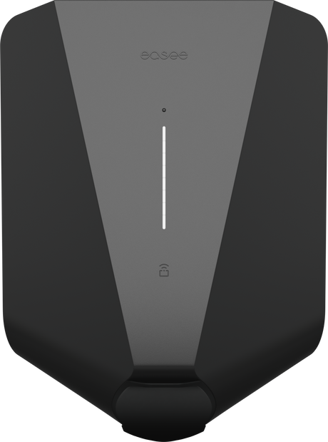 De Easee Charge Up Slimme EV Thuislader 22kW Type 2 - Zwart heeft een gestroomlijnd zwart en grijs minimalistisch ontwerp, een verticaal LED-lampje, een klein slotpictogram eronder en de easee-merknaam bovenaan.