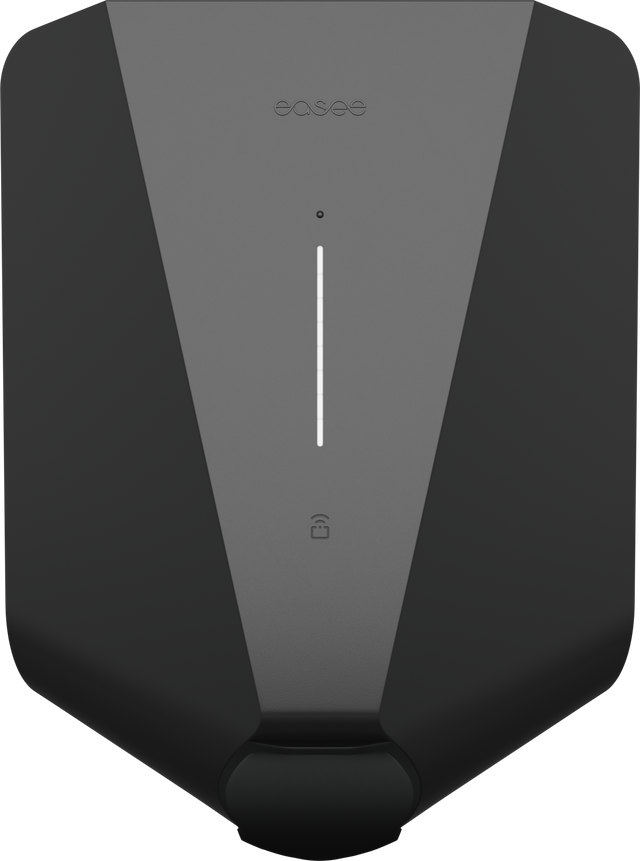 De Easee Charge Up Slimme EV Thuislader 22kW Type 2 - Zwart heeft een gestroomlijnd zwart en grijs minimalistisch ontwerp, een verticaal LED-lampje, een klein slotpictogram eronder en de easee-merknaam bovenaan.