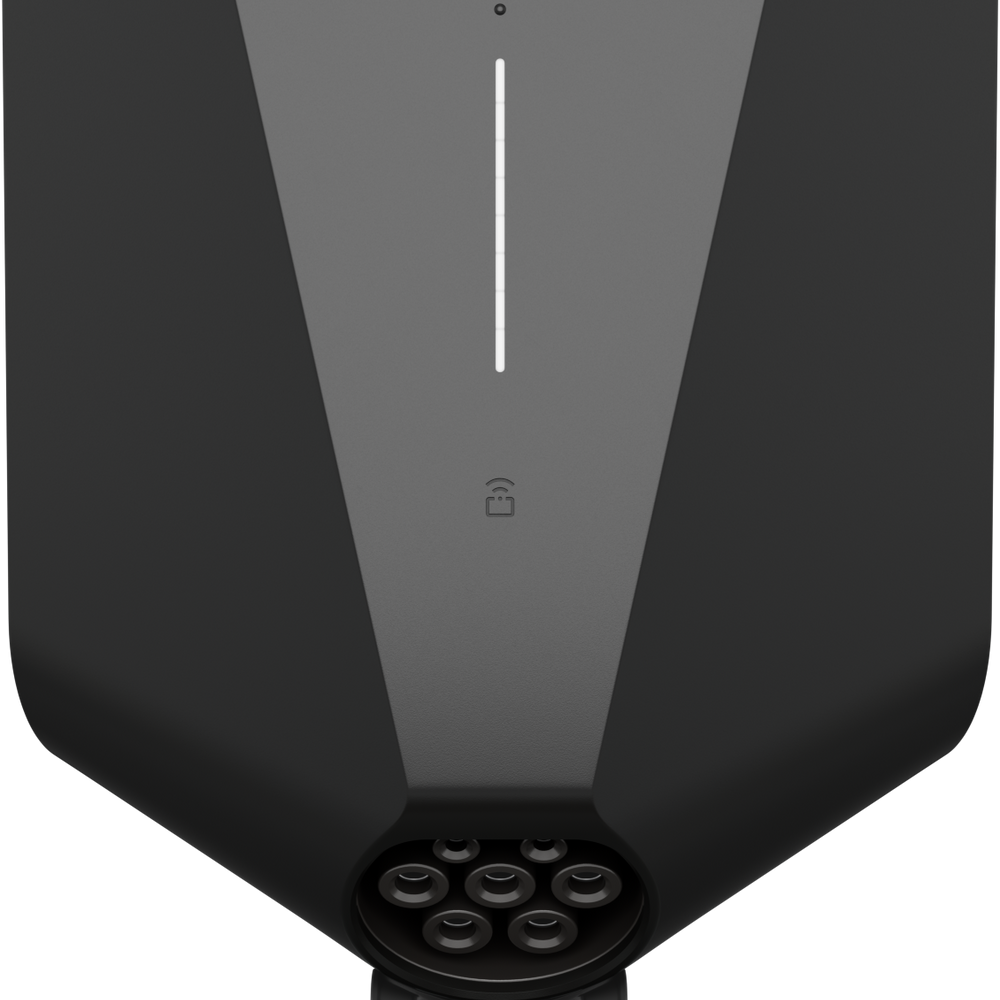 De Easee Charge Up Slimme EV Thuislader 22kW Type 2 - Zwart is een zwart-grijs laadstation met een rond stopcontact en "POWERING YOUR FREEDOM" op het deksel - ideaal als toekomstbestendige EV-lader voor thuis.