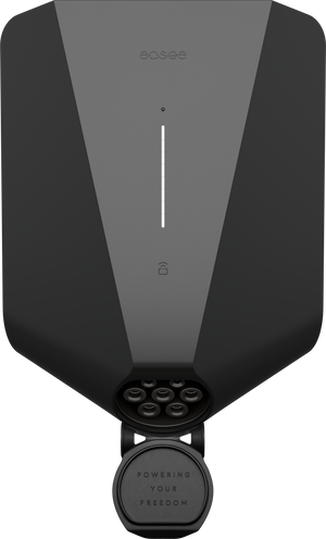 De Easee Charge Up Slimme EV Thuislader 22kW Type 2 - Zwart is een zwart-grijs laadstation met een rond stopcontact en "POWERING YOUR FREEDOM" op het deksel - ideaal als toekomstbestendige EV-lader voor thuis.