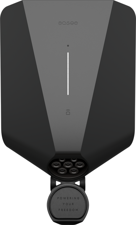 De Easee Charge Up Slimme EV Thuislader 22kW Type 2 - Zwart is een zwart-grijs laadstation met een rond stopcontact en "POWERING YOUR FREEDOM" op het deksel - ideaal als toekomstbestendige EV-lader voor thuis.