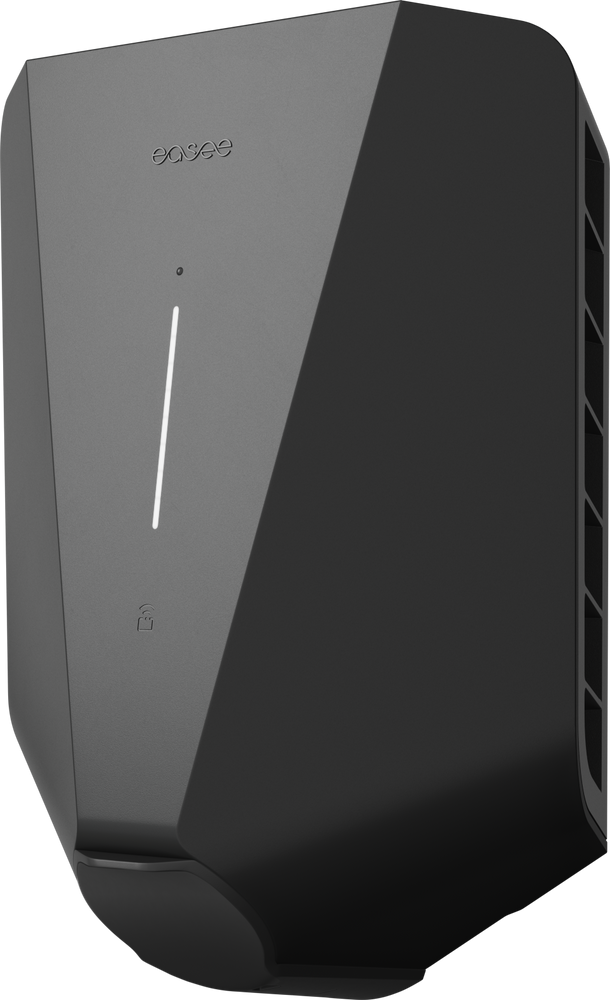 De Easee Charge Up Slimme EV Thuislader 22kW Type 2 - Zwart is een stijlvolle, zwarte wandlader met minimalistisch design, verticale LED-strip en kleine slot-icoon; dé slimme thuislader voor een toekomstbestendig laadstation.