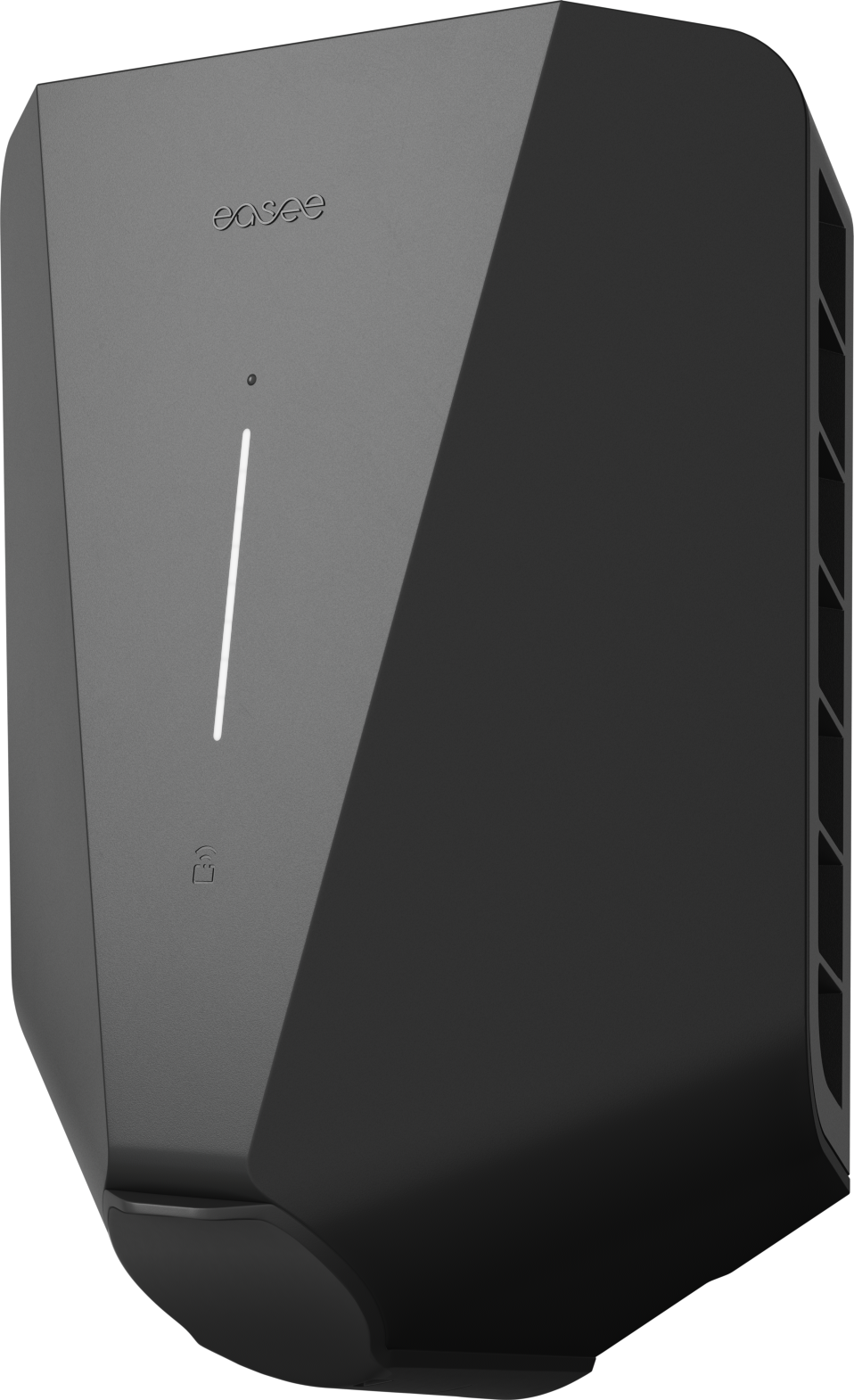 De Easee Charge Up Slimme EV Thuislader 22kW Type 2 - Zwart is een stijlvolle, zwarte wandlader met minimalistisch design, verticale LED-strip en kleine slot-icoon; dé slimme thuislader voor een toekomstbestendig laadstation.