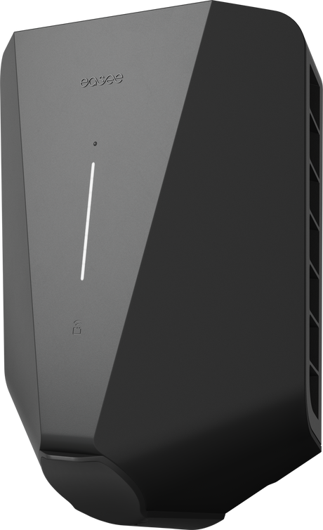 De Easee Charge Up Slimme EV Thuislader 22kW Type 2 - Zwart is een stijlvolle, zwarte wandlader met minimalistisch design, verticale LED-strip en kleine slot-icoon; dé slimme thuislader voor een toekomstbestendig laadstation.