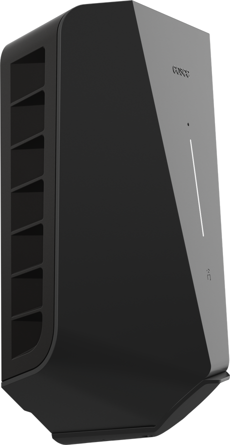 Een slank, zwart verticaal apparaat met geventileerde zijkanten en een slank LED-lampje - ideaal als de Easee Charge Up Slimme EV Thuislader 22kW Type 2 - Zwart om thuis op te laden.