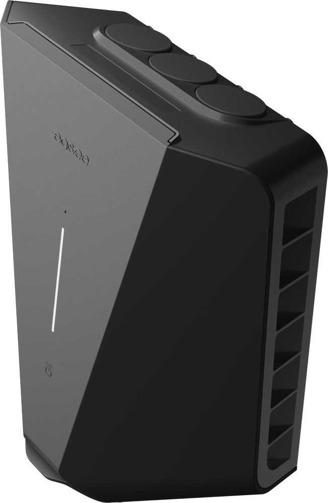 Een slanke, zwarte Easee Charge Up Slimme EV Thuislader 22kW Type 2 - Zwart met geventileerde zijkanten, drie knoppen bovenop en minimalistische details aan de voorkant, die doen denken aan een toekomstbestendig laadstation.